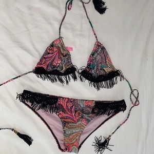 Hot Pink Paisley Victorias Secret Bikini With Black Fringe